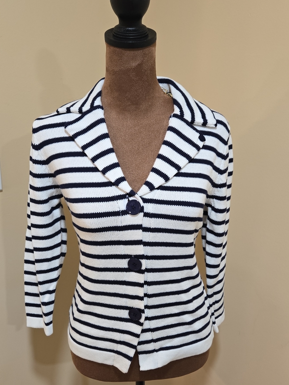 KIER + J Navy and White Striped Button Cardigan